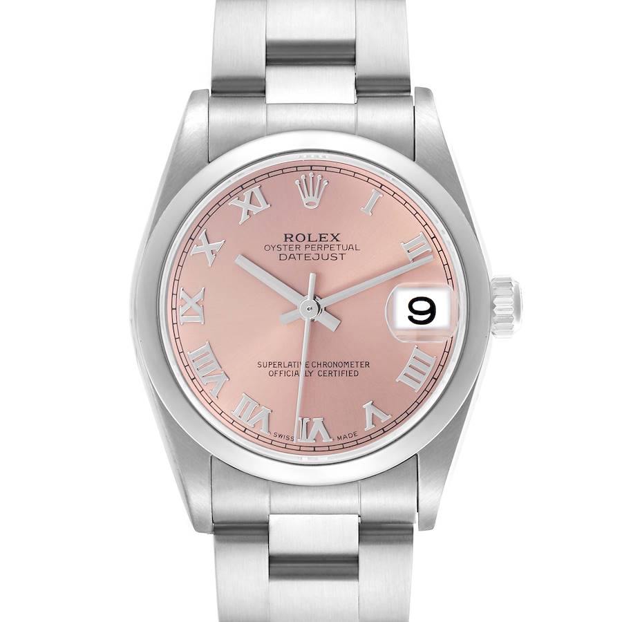The Rolex Datejust Mid-Size watch is shown from the front, displaying its pink dial, Roman numerals, and date window.